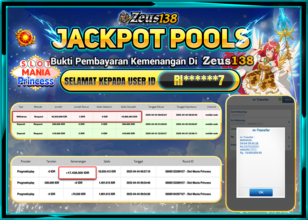 ZEUS138 JACKPOT SLOT MANIA PRINCES  Rp.18.900.000,- LUNAS