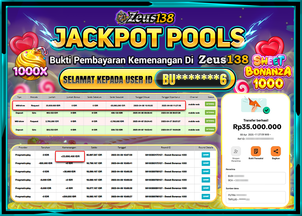 ZEUS138 SWEET BONANZA 1000  Rp.35.000.000,- LUNAS