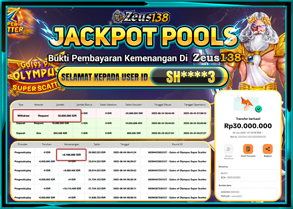 ZEUS138 GATES OF OLYMPUS SUPER SCATTER Rp.30.000.000,- LUNAS